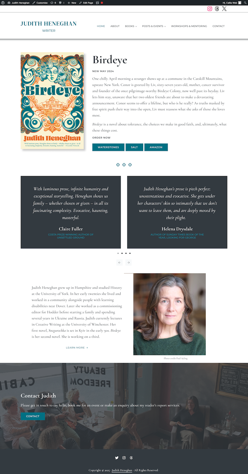 screenshot of the home page of Judith Heneghan's website
